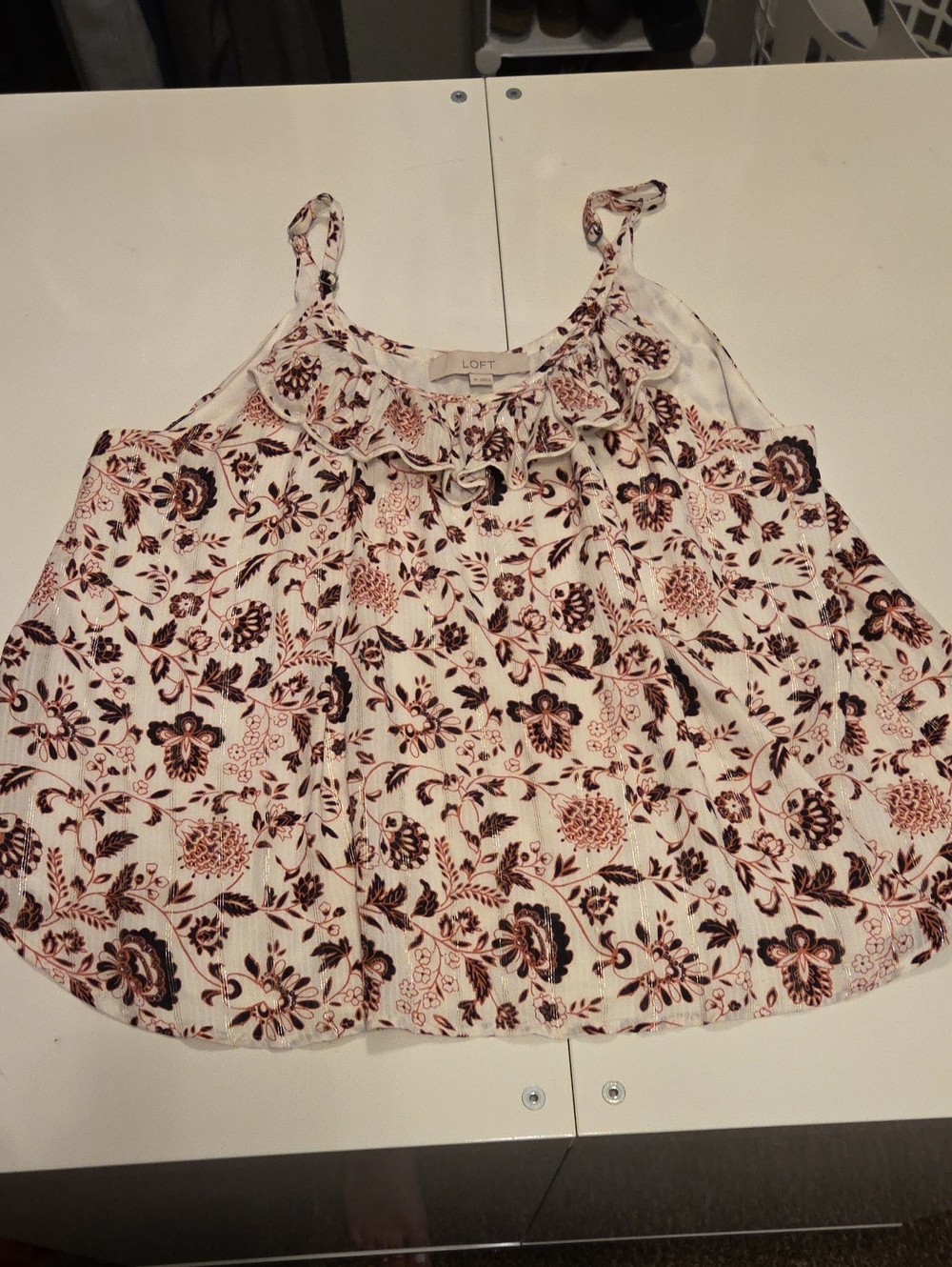 LOFT Floral Ruffle Neck Sleeveless Tank Top - Cream with Brown Floral Print